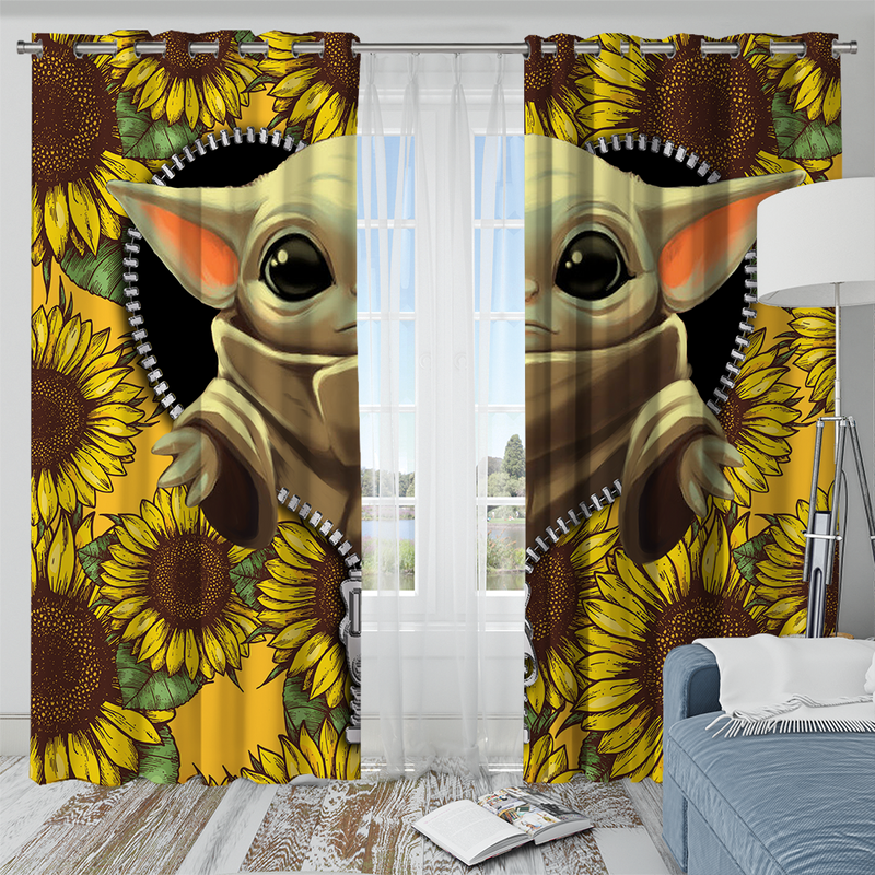 Baby Yoda Sunflower Zipper Window Curtain