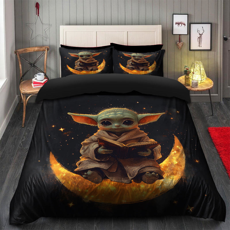 Baby Yoda Reading On A Crescent Moon Bedding Set Duvet Cover And 2 Pillowcases