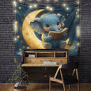 Elephant Reading Moon Tapestry