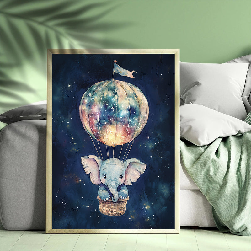 Adorable Elephant in Starry Night Hot Air Balloon - Living Room - Canvas Wall Art - Print - Wall Decor