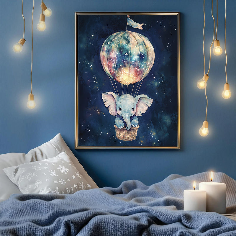 Adorable Elephant in Starry Night Hot Air Balloon - Living Room - Canvas Wall Art - Print - Wall Decor