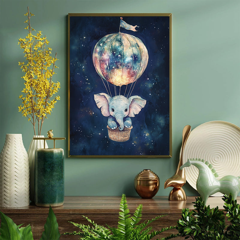 Adorable Elephant in Starry Night Hot Air Balloon - Living Room - Canvas Wall Art - Print - Wall Decor