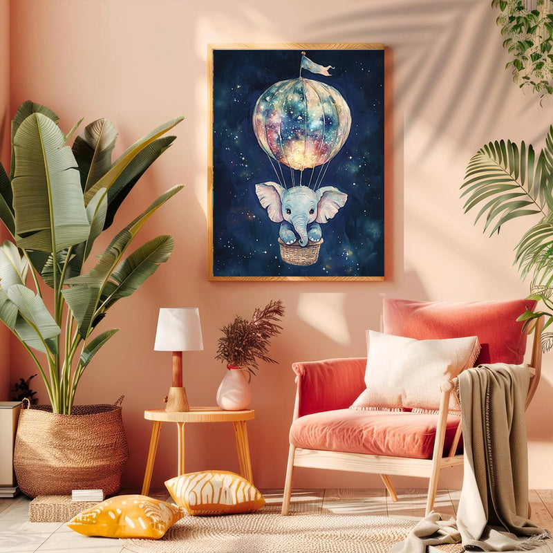 Adorable Elephant in Starry Night Hot Air Balloon - Living Room - Canvas Wall Art - Print - Wall Decor