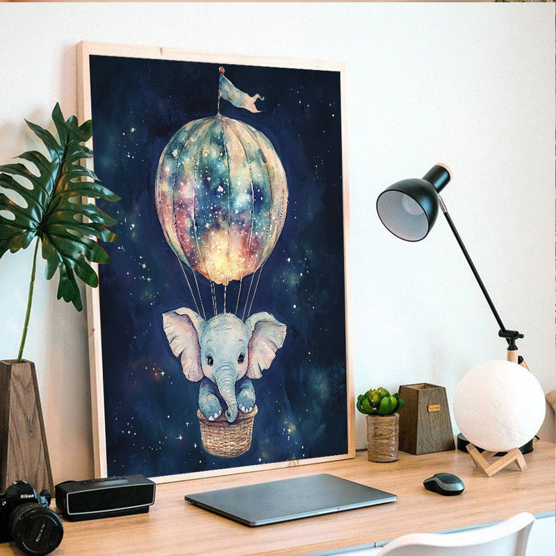 Adorable Elephant in Starry Night Hot Air Balloon - Living Room - Canvas Wall Art - Print - Wall Decor