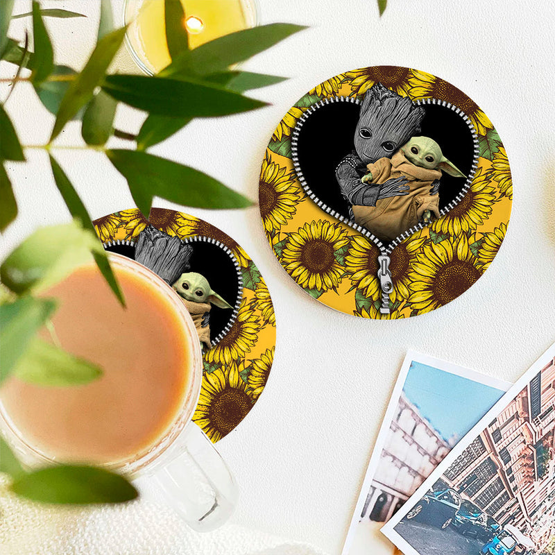 Baby Groot And Baby Yoda Sunflower Zipper Ceramic Decor Coaster - Gift Idea