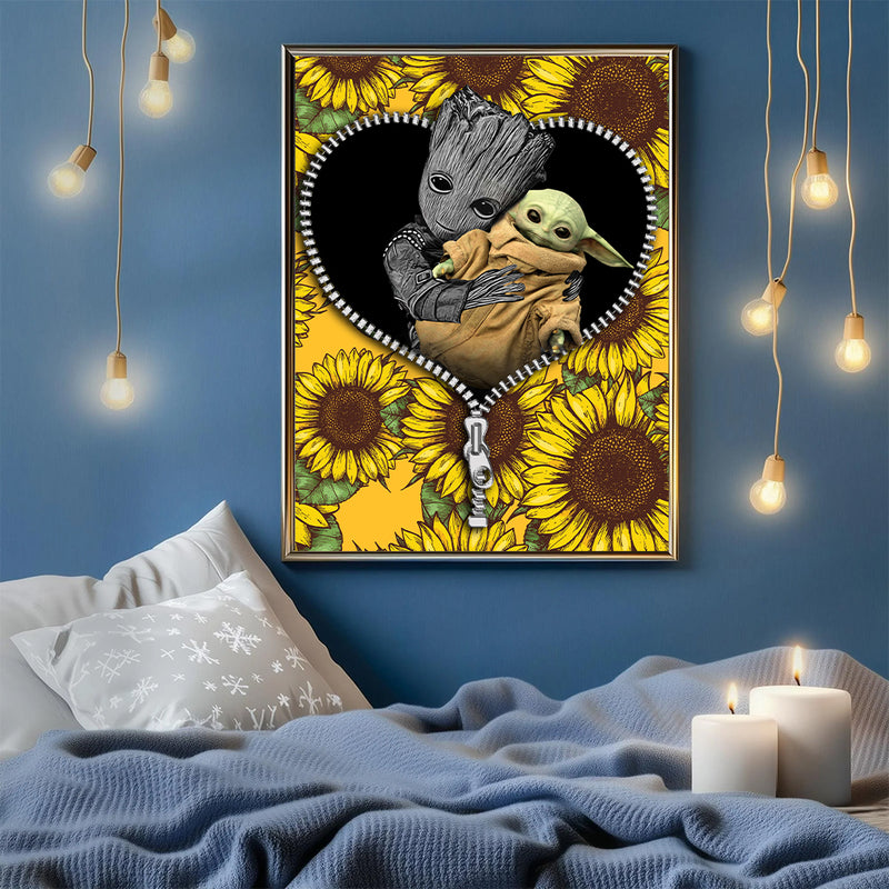 Baby Groot And Baby Yoda Sunflower - Living Room - Canvas Wall Art - Print - Wall Decor