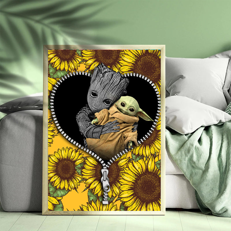 Baby Groot And Baby Yoda Sunflower - Living Room - Canvas Wall Art - Print - Wall Decor