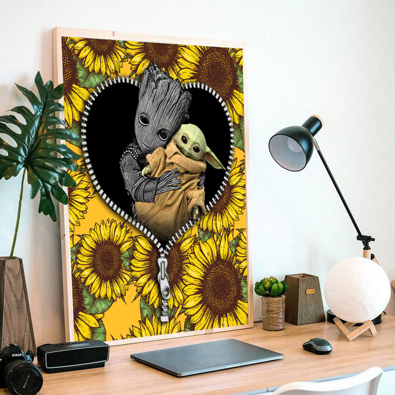 Baby Groot And Baby Yoda Sunflower - Living Room - Canvas Wall Art - Print - Wall Decor