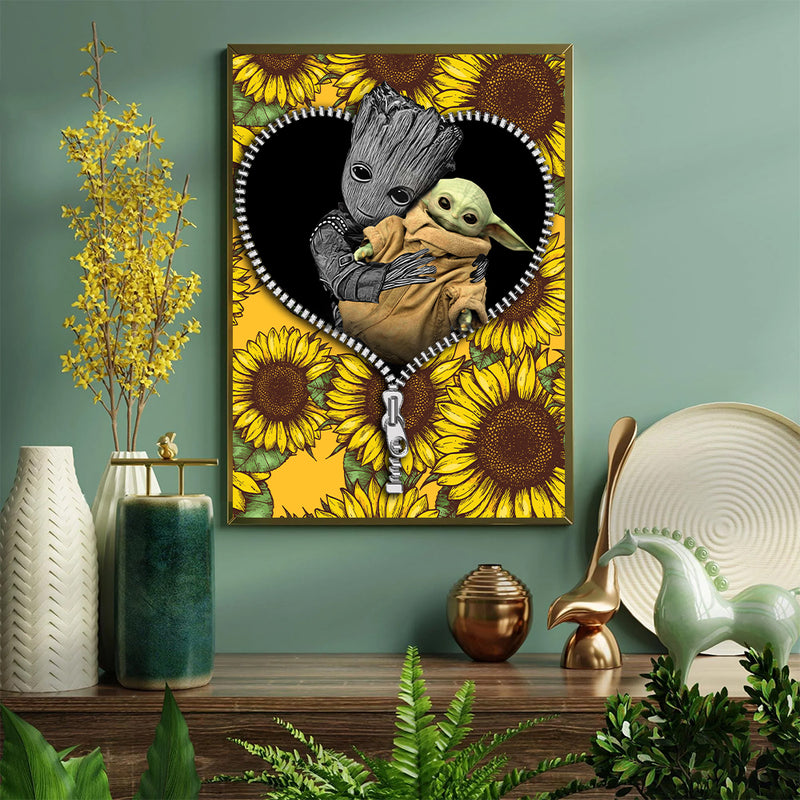 Baby Groot And Baby Yoda Sunflower - Living Room - Canvas Wall Art - Print - Wall Decor