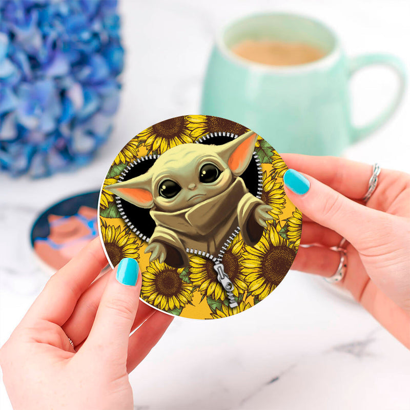 Baby Yoda Sunflower Zipper Ceramic Decor Coaster - Gift Idea