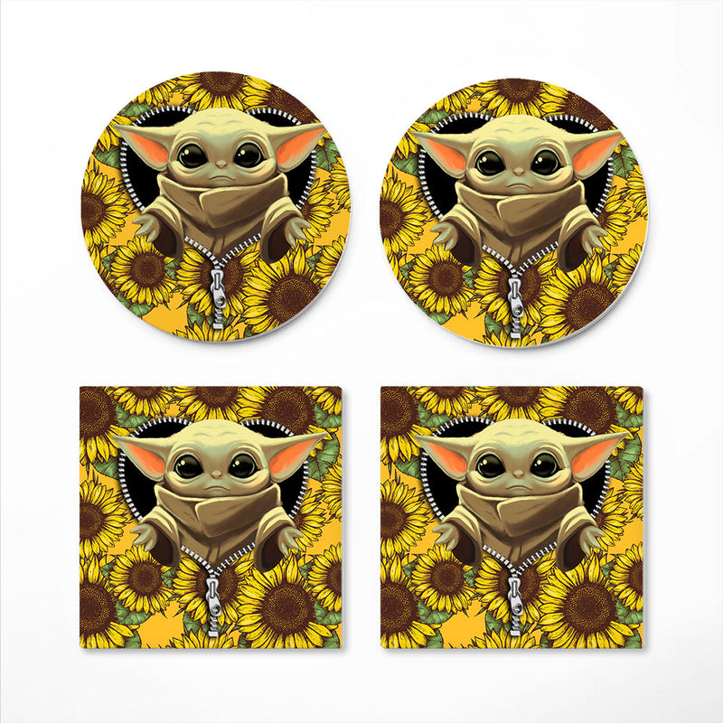 Baby Yoda Sunflower Zipper Ceramic Decor Coaster - Gift Idea