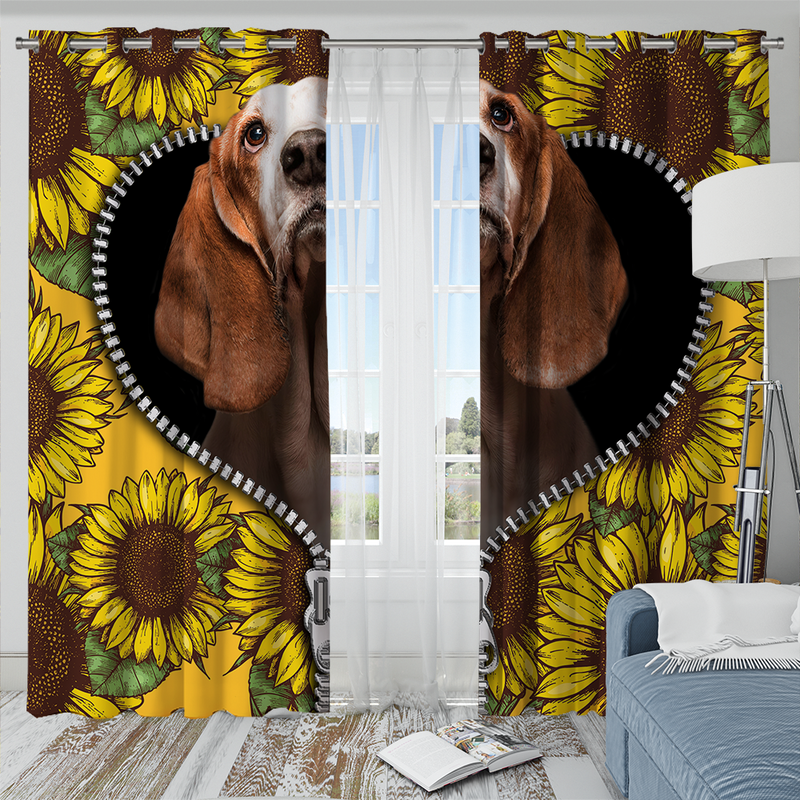 Basset Hound Sunflower Zipper Window Curtain