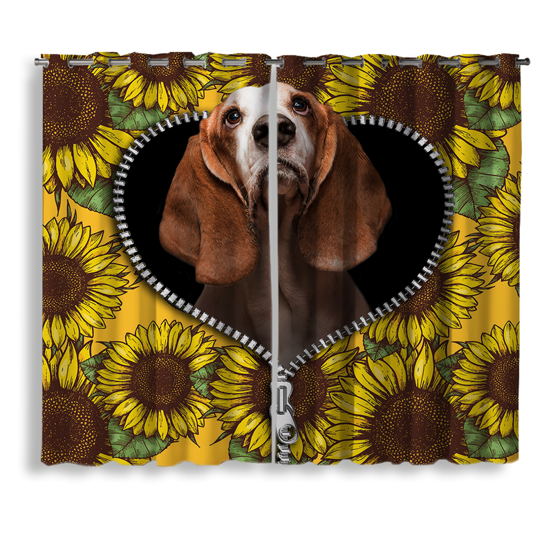 Basset Hound Sunflower Zipper Window Curtain