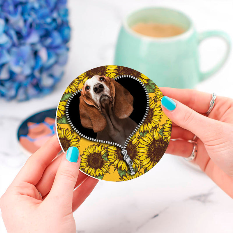 Basset Hound Sunflower Zipper Ceramic Decor Coaster - Gift Idea