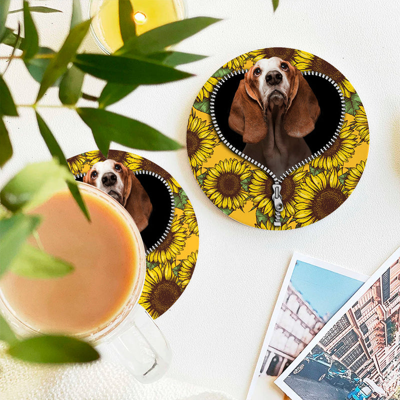 Basset Hound Sunflower Zipper Ceramic Decor Coaster - Gift Idea