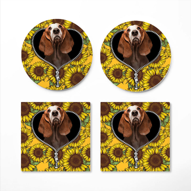 Basset Hound Sunflower Zipper Ceramic Decor Coaster - Gift Idea