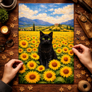 Black Cat In Sunflower Fram Jigsaw Puzzle