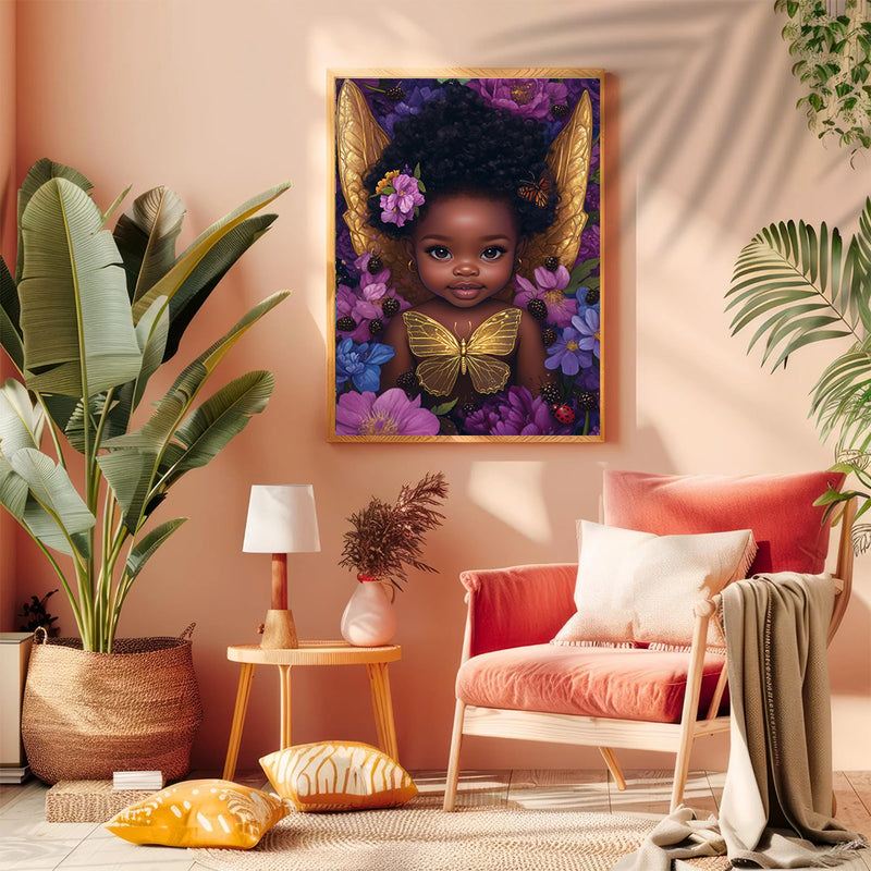 Black Berry Fairy Chubby African Baby Girls With Gold Wings - Living Room - Canvas Wall Art - Print - Wall Decor