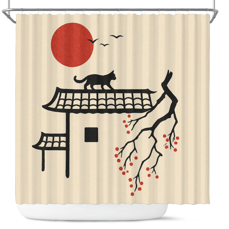 Black Cat In Japan Style Art Shower Curtain