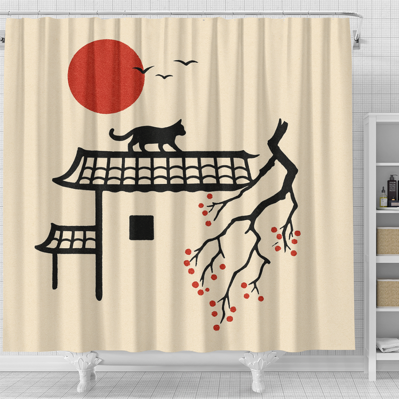 Black Cat In Japan Style Art Shower Curtain