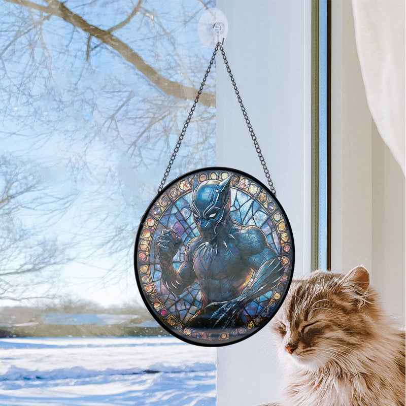 Black Panther Round Stained Glass Suncatcher