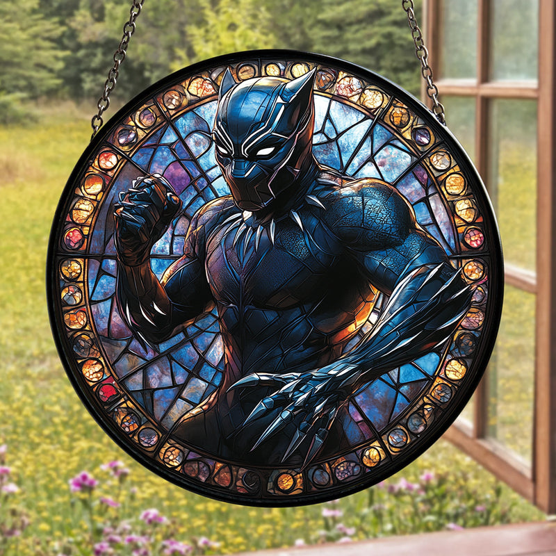 Black Panther Round Stained Glass Suncatcher