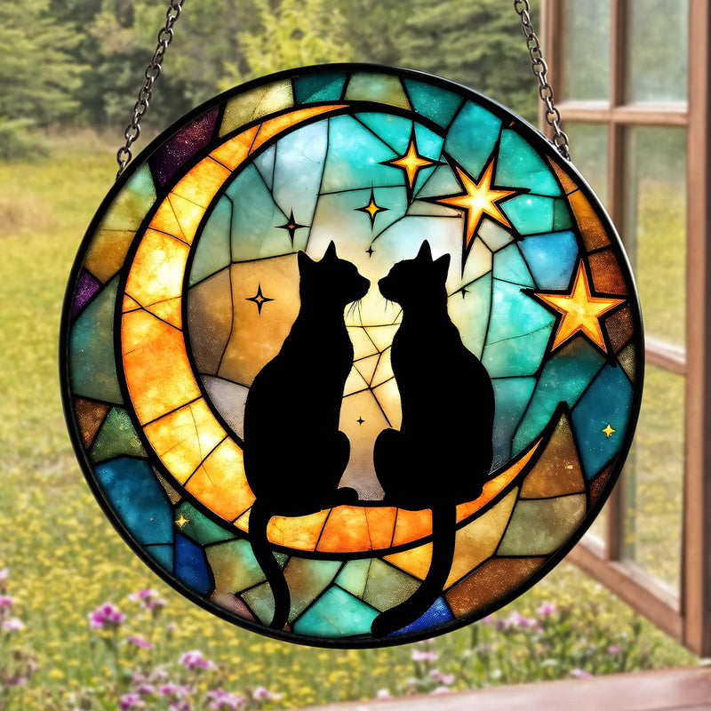 Black Cat Couple Round Stained Glass Suncatcher