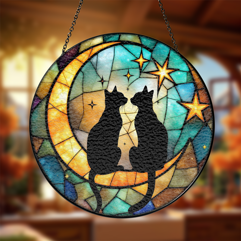 Black Cat Couple Round Stained Glass Suncatcher