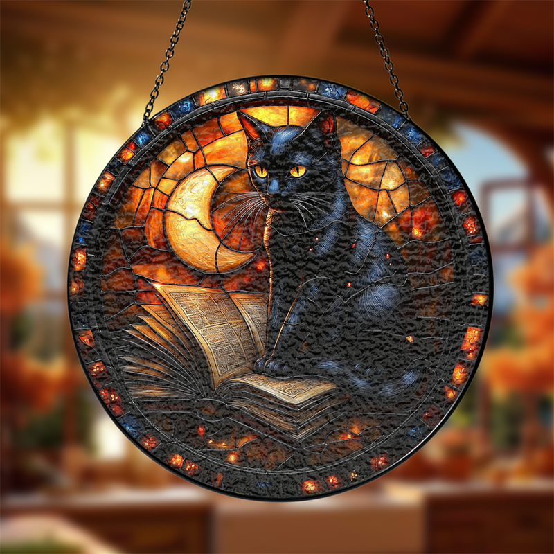 Black Cat Read Book Round Stained Glass Suncatcher