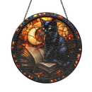 Black Cat Read Book Round Stained Glass Suncatcher