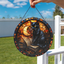 Black Cat Read Book Round Stained Glass Suncatcher