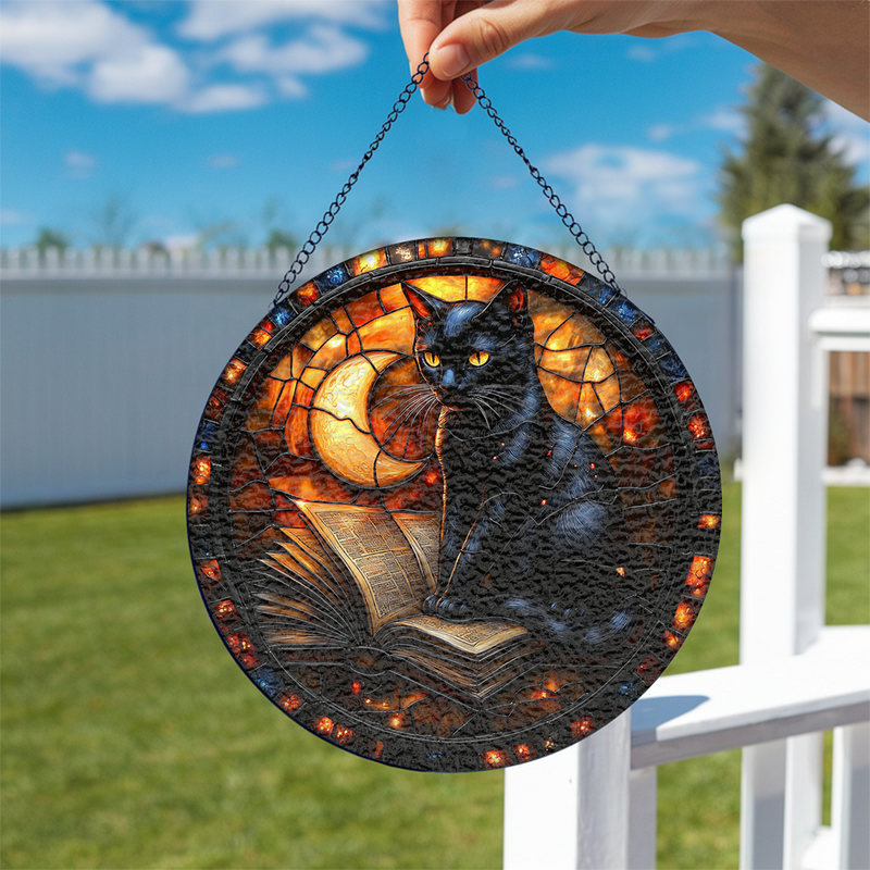 Black Cat Read Book Round Stained Glass Suncatcher