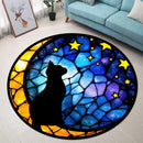 Black Cat Star Stained Glass Round Rug