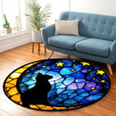 Black Cat Star Stained Glass Round Rug