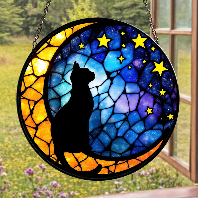 Black Cat Star Round Stained Glass Suncatcher