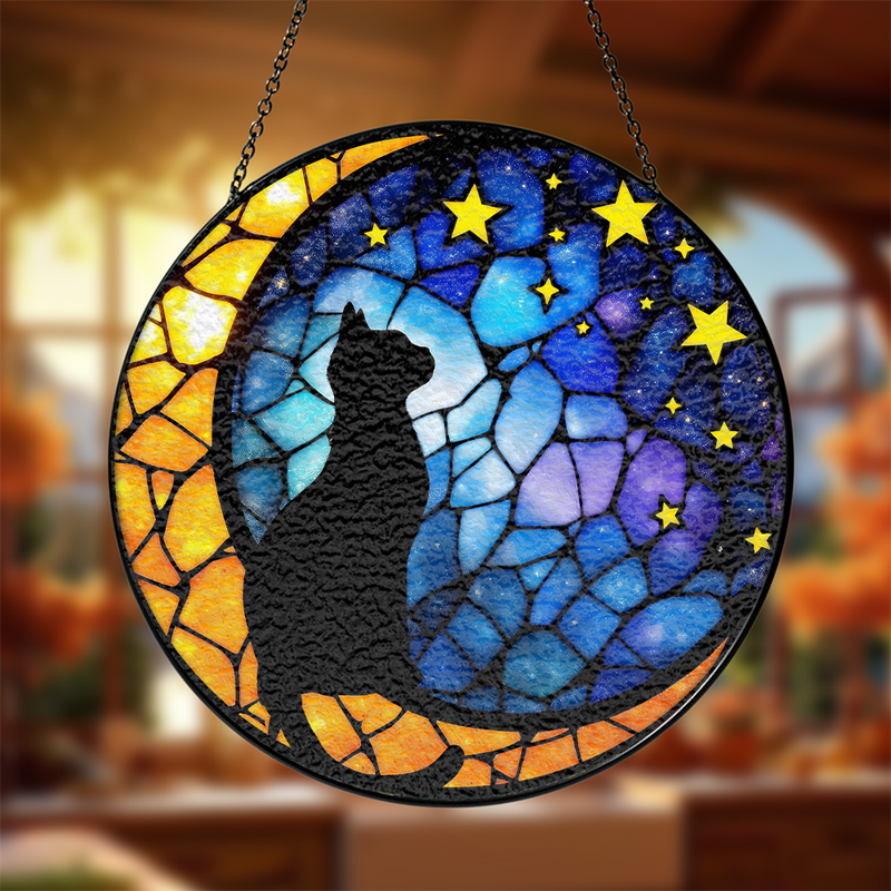 Black Cat Star Round Stained Glass Suncatcher
