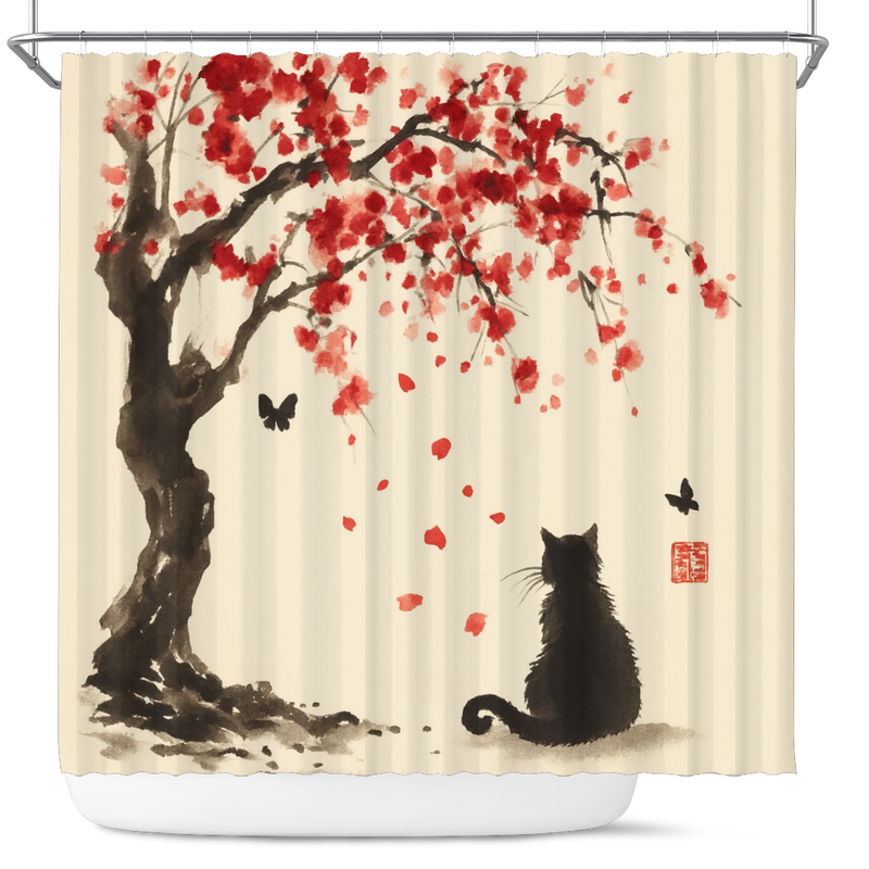 Black Cat Under Cherry Blossom Japan Ink Style Shower Curtain