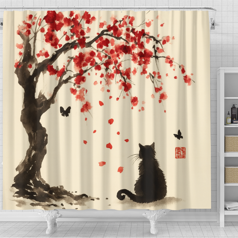 Black Cat Under Cherry Blossom Japan Ink Style Shower Curtain