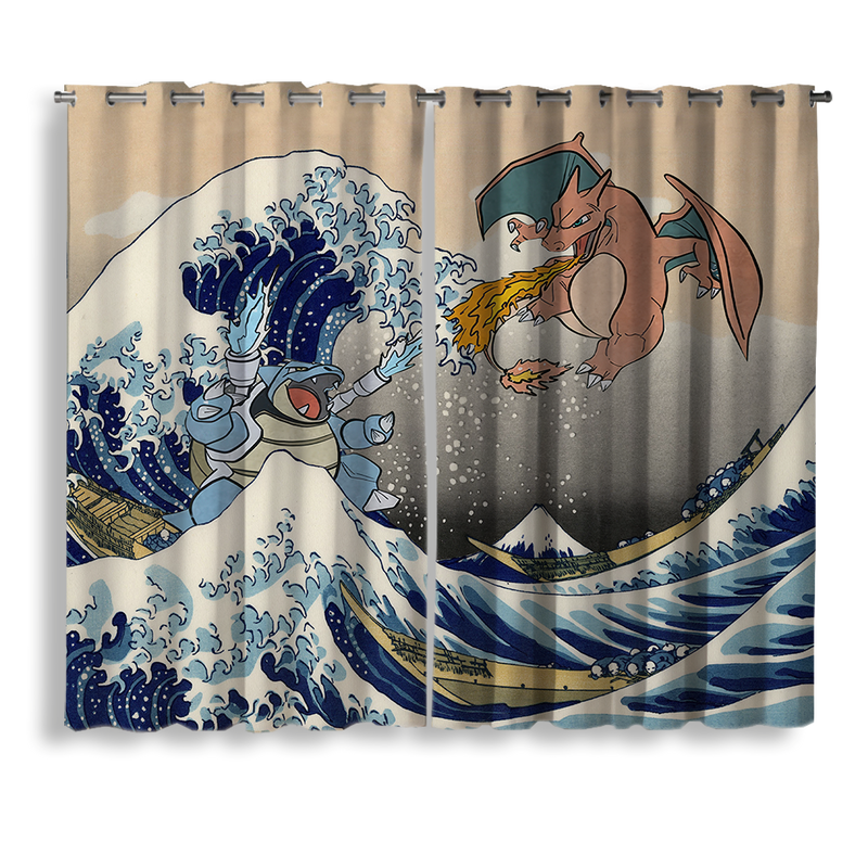 Blastoise Charizard Pokemon The Great Wave 2 Window Curtain