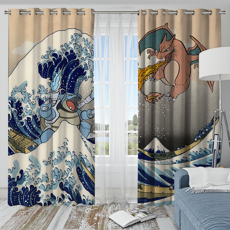 Blastoise Charizard Pokemon The Great Wave 2 Window Curtain