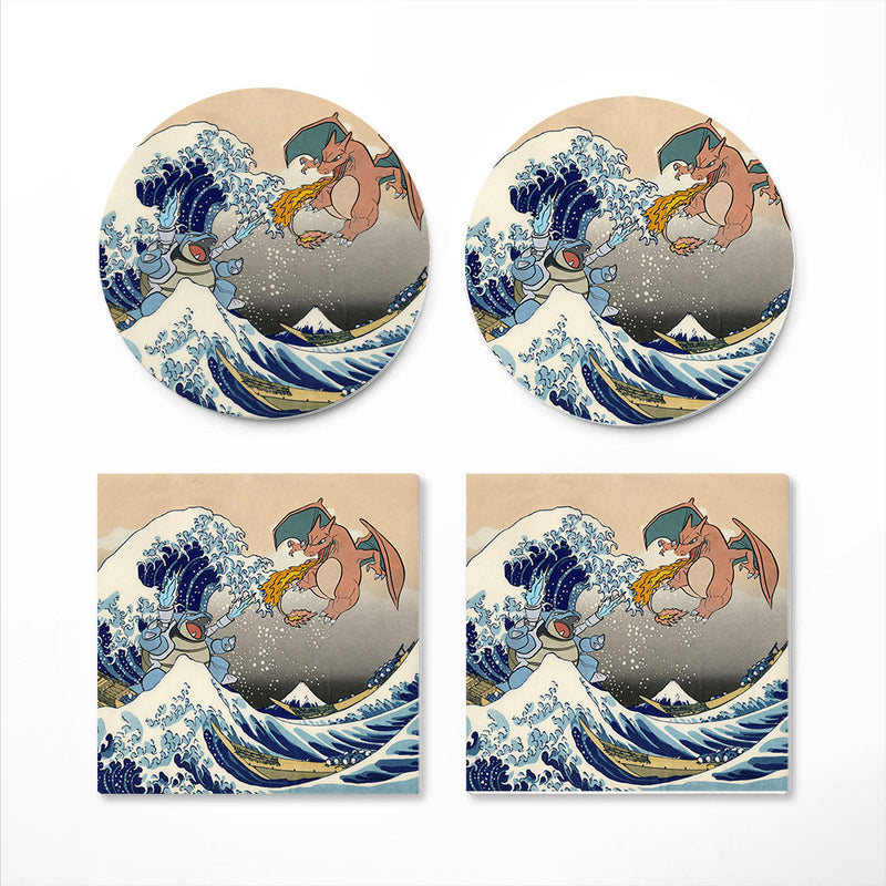 Blastoise Charizard Pokemon The Great Wave 2 Ceramic Decor Coaster - Gift Idea