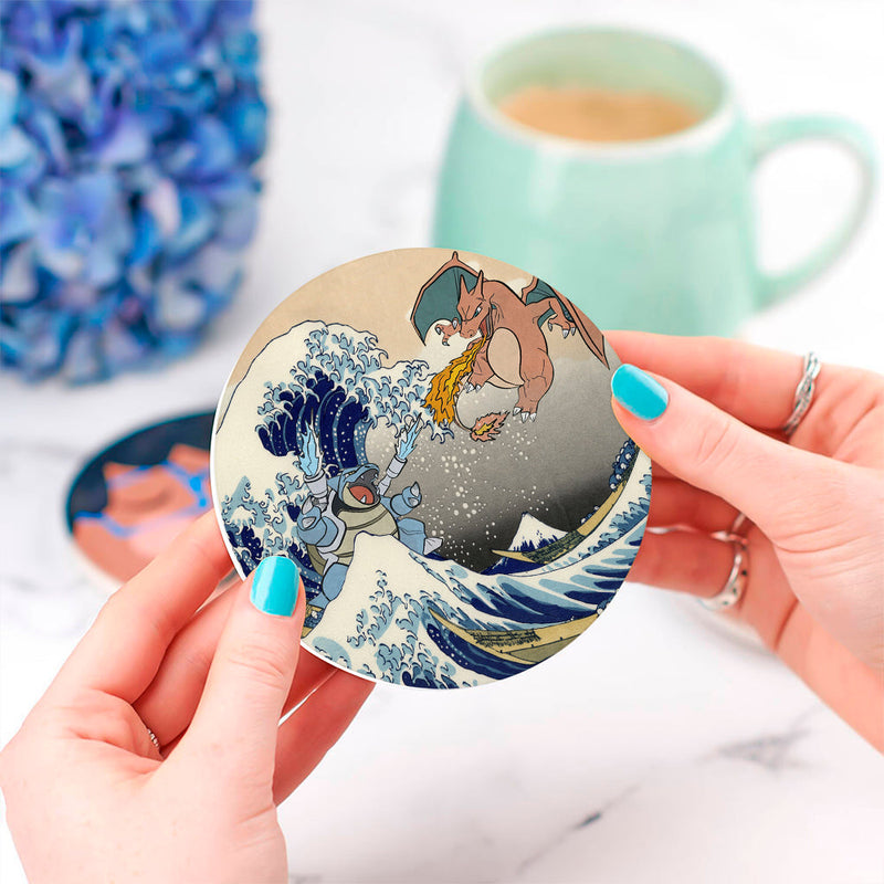 Blastoise Charizard Pokemon The Great Wave 2 Ceramic Decor Coaster - Gift Idea