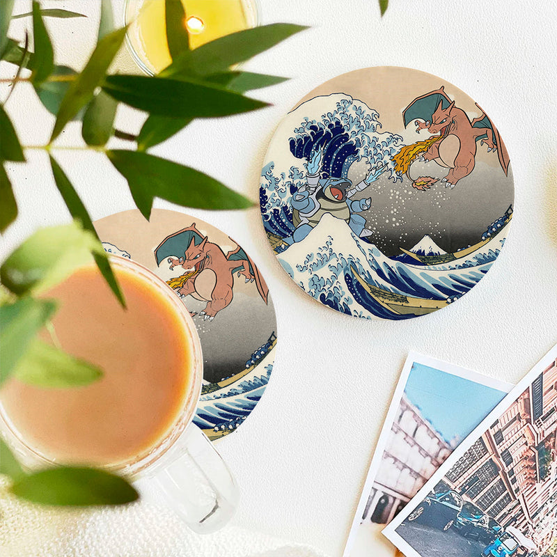 Blastoise Charizard Pokemon The Great Wave 2 Ceramic Decor Coaster - Gift Idea