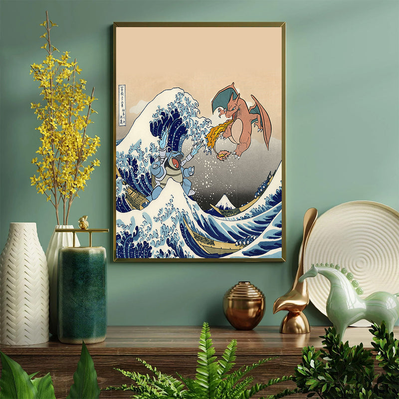 Blastoise Charizard Pokemon The Great Wave 2- Living Room - Canvas Wall Art - Print - Wall Decor