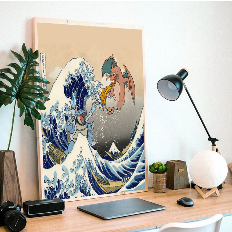 Blastoise Charizard Pokemon The Great Wave 2- Living Room - Canvas Wall Art - Print - Wall Decor