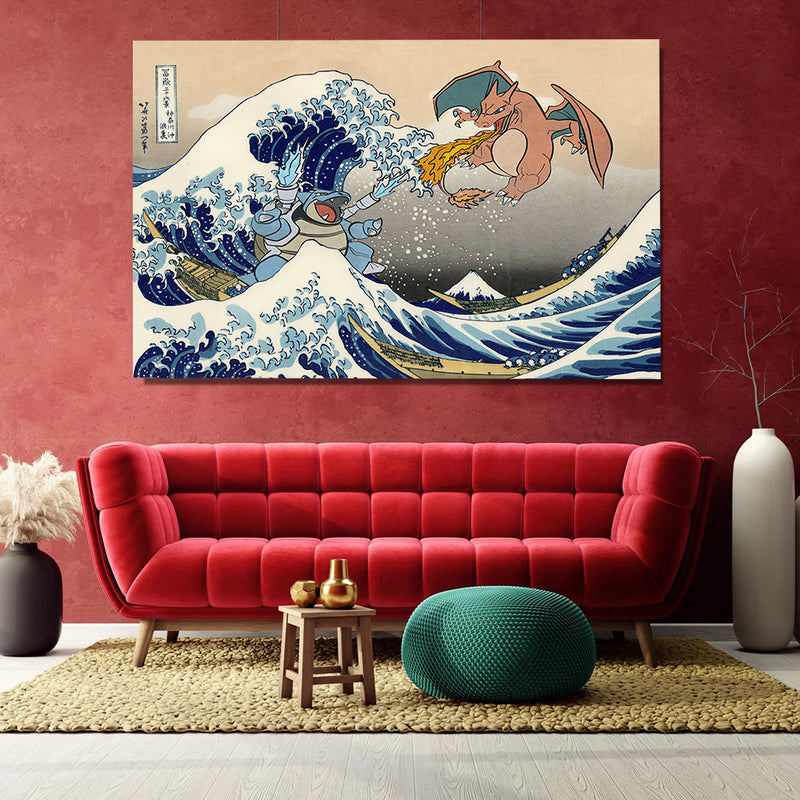 Blastoise Charizard Pokemon The Great Wave 2- Living Room - Canvas Wall Art - Print - Wall Decor