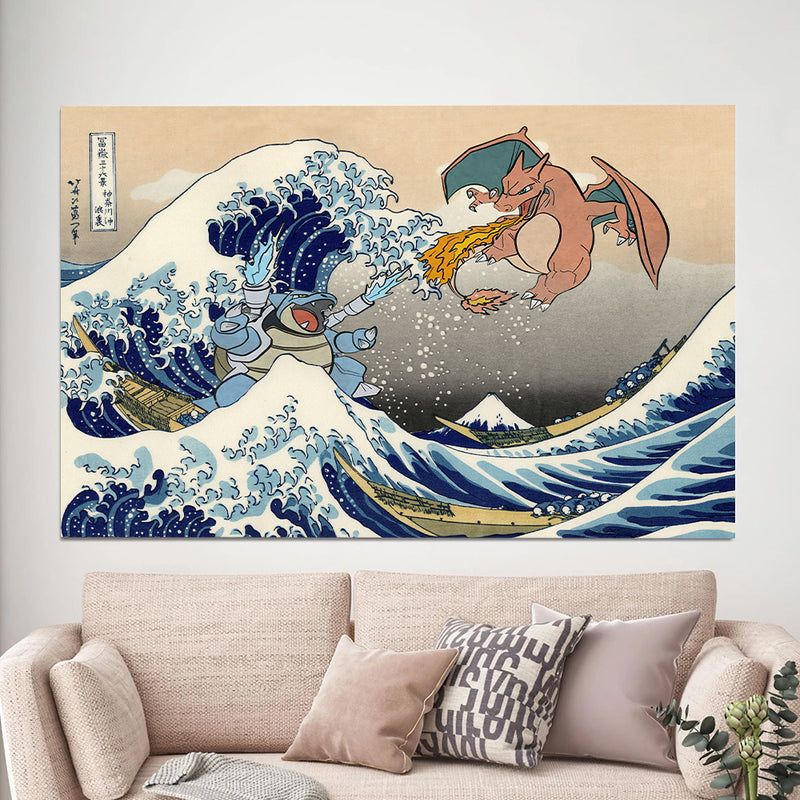 Blastoise Charizard Pokemon The Great Wave 2- Living Room - Canvas Wall Art - Print - Wall Decor