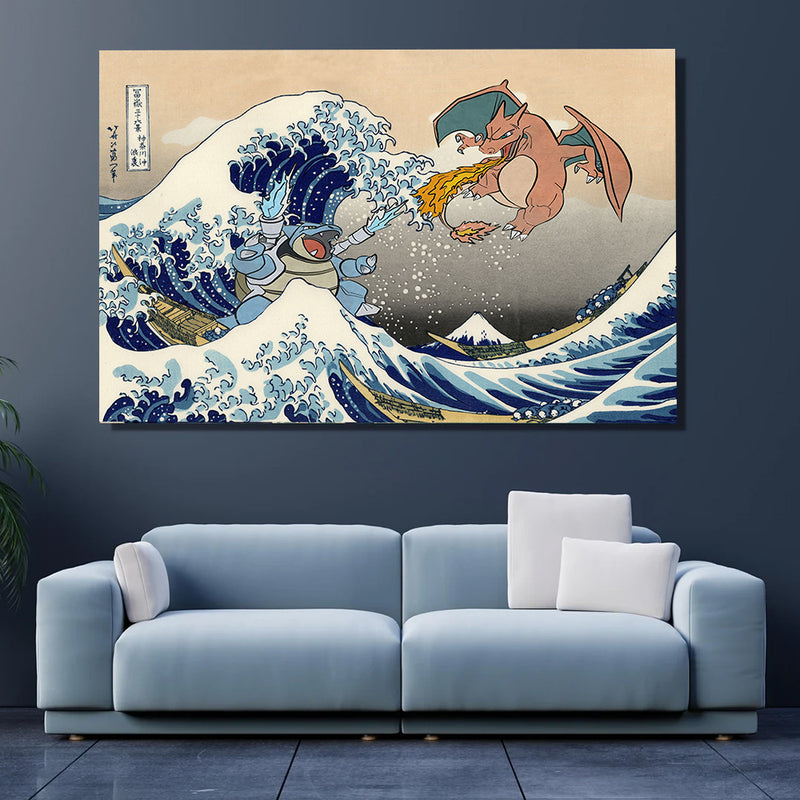 Blastoise Charizard Pokemon The Great Wave 2- Living Room - Canvas Wall Art - Print - Wall Decor