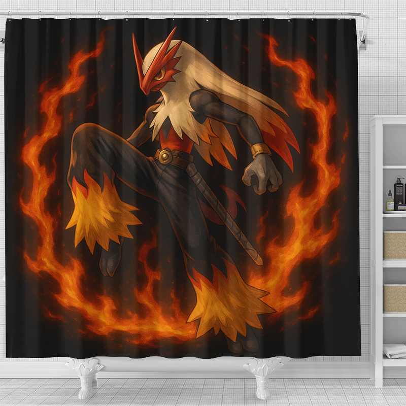 Blaziken Pokemon X Rengoku Demon Slayer Shower Curtain