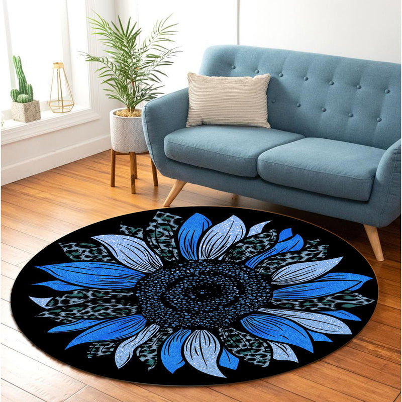 Blue Cheetah Sunflower Round Carpet Rug Bedroom Livingroom Home Decor